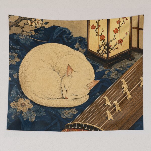 Item preview, Koto Evening - Vintage Japanese Neko Cat Ukiyo-e Woodblock designed and sold by bapupa.