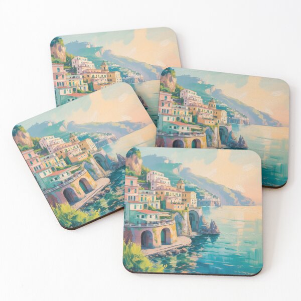 Item preview, Pastel Amalfi Coast Village Art – Mediterranean Coastal Impressionist Print designed and sold by Tamas Das.