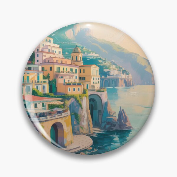 Item preview, Pastel Amalfi Coast Village Art – Mediterranean Coastal Impressionist Print designed and sold by Tamas Das.