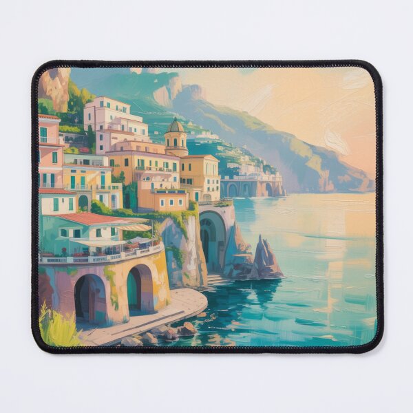 Item preview, Pastel Amalfi Coast Village Art – Mediterranean Coastal Impressionist Print designed and sold by Tamas Das.