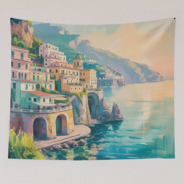 Item preview, Pastel Amalfi Coast Village Art – Mediterranean Coastal Impressionist Print designed and sold by Tamas Das.