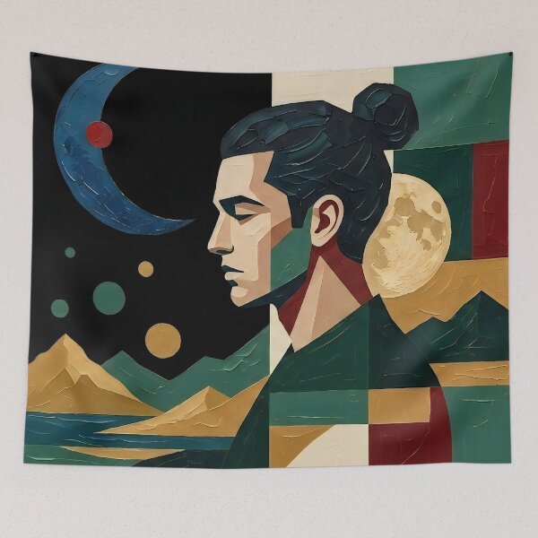 Item preview, Minimalist Cubist Portrait - Geometric Moon and Sun Art designed and sold by RumiRogue.