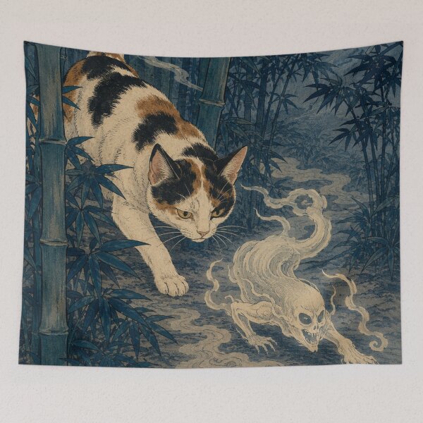 Item preview, Bamboo Shadow Stalk - Vintage Japanese Nekomata Cat Ukiyo-e Woodblock designed and sold by bapupa.