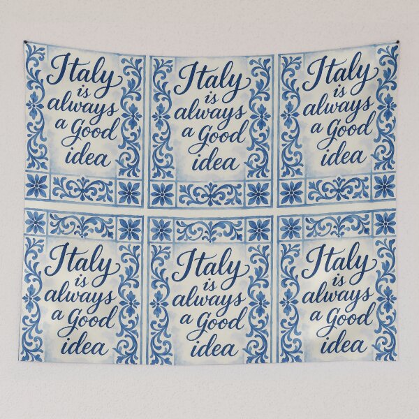 Item preview, Italy Is Always a Good Idea – Blue Watercolor Calligraphy Tile Design designed and sold by EmeraldeaArt.