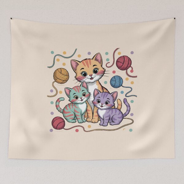 Item preview, Cute Cat Family with Yarn Ball | Adorable Cartoon Kitty Illustration for Cat Lovers designed and sold by MarJul.