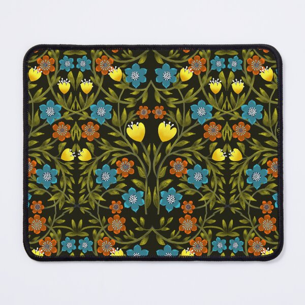 Item preview, Dark Botanical Folk Floral — Teal Orange Yellow on Black designed and sold by SheilaMcDowell Design.