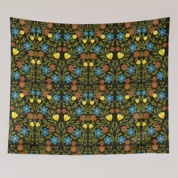 Item preview, Dark Botanical Folk Floral — Teal Orange Yellow on Black designed and sold by SheilaMcDowell Design.