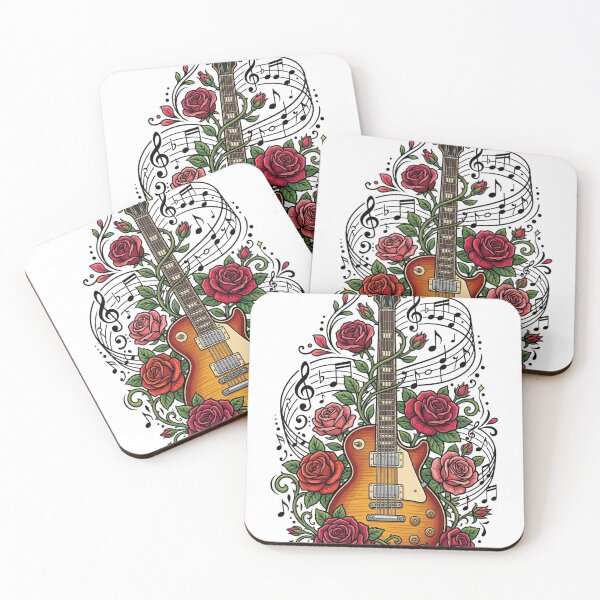 Item preview, vintage electric guitar wrapped in blooming roses and musical notes designed and sold by misbahsiro.
