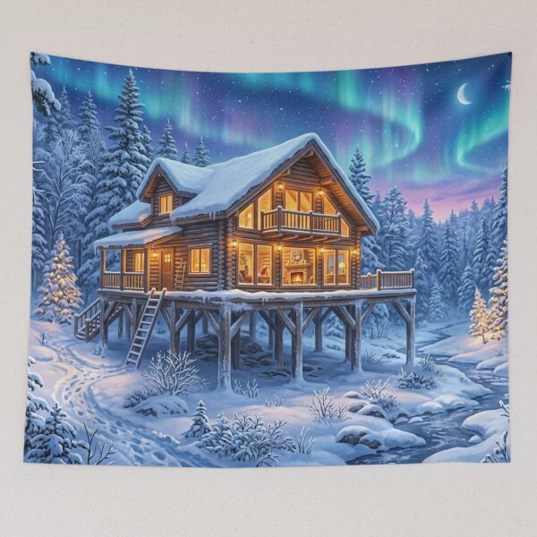 Item preview, Northern Lights over winter cabin designed and sold by Sigtrix.