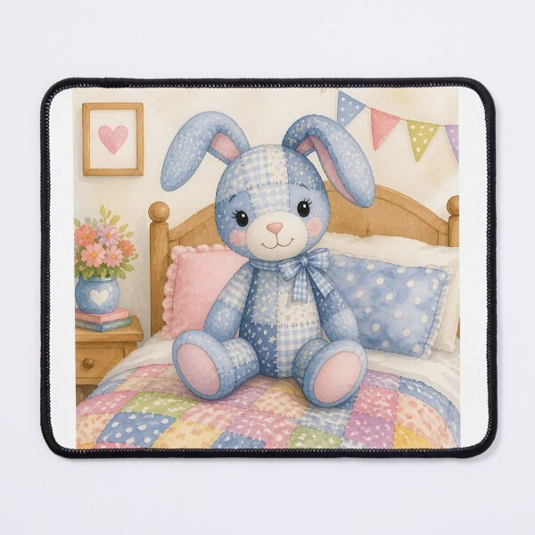Item preview, Blue Patchwork Bunny on Cozy Bed designed and sold by Shelley Loewnau-Jones Studio.