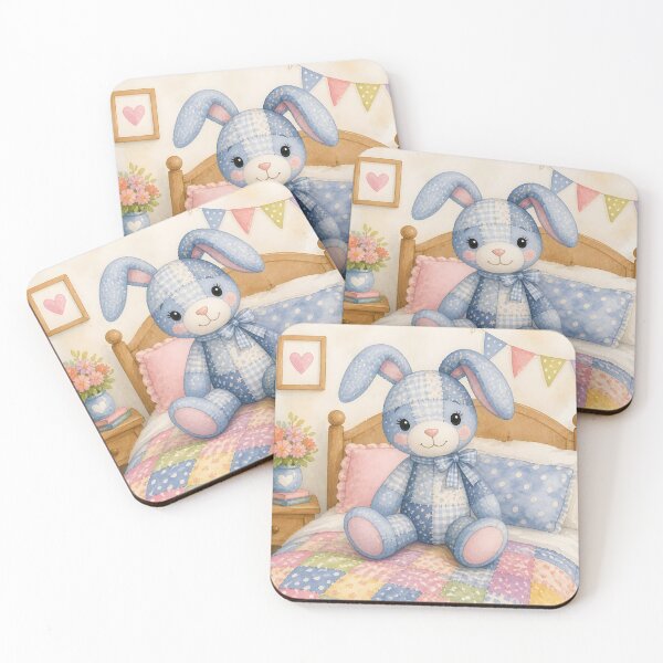 Item preview, Blue Patchwork Bunny on Cozy Bed designed and sold by Shelley Loewnau-Jones Studio.