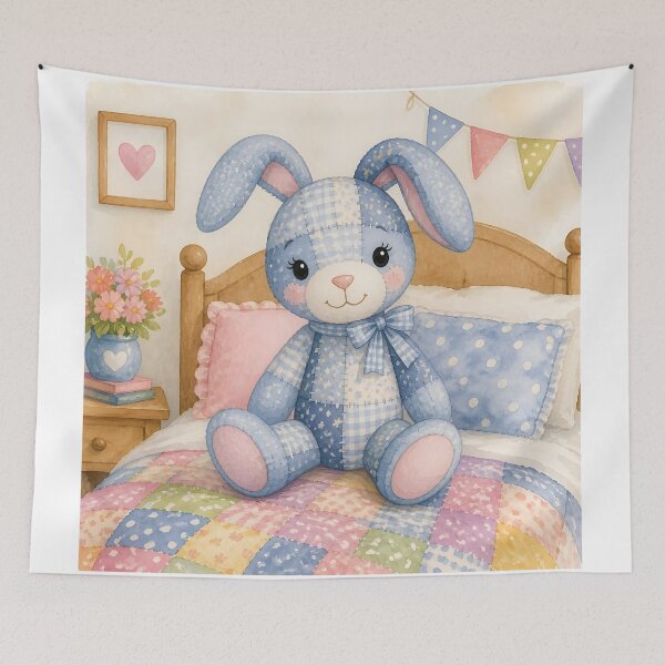 Item preview, Blue Patchwork Bunny on Cozy Bed designed and sold by Shelley Loewnau-Jones Studio.