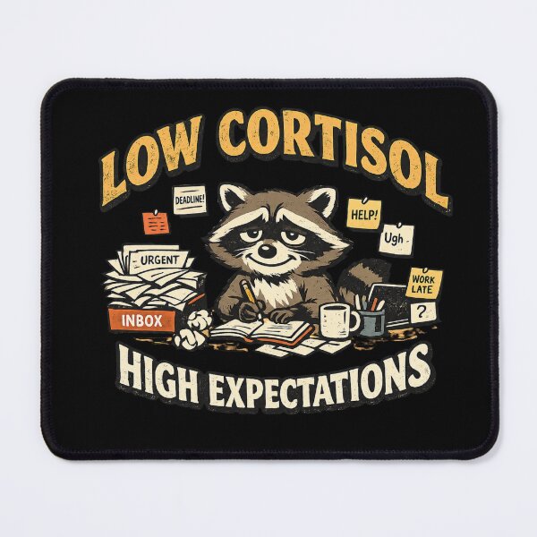 Item preview, Low Cortisol High Expectations | Funny Raccoon Burnout Meme designed and sold by HiPatti.