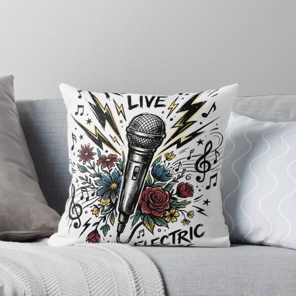 Item preview, Hand-drawn microphone surrounded by lightning bolts, flowers, and dynamic music symbols designed and sold by misbahsiro.