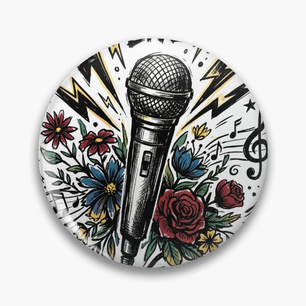 Item preview, Hand-drawn microphone surrounded by lightning bolts, flowers, and dynamic music symbols designed and sold by misbahsiro.
