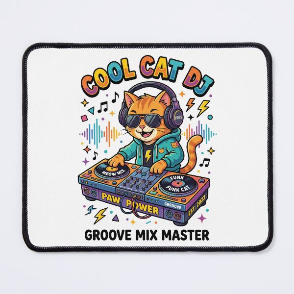 Item preview, Cool cat DJ wearing sunglasses and headphones while mixing on turntables designed and sold by misbahsiro.