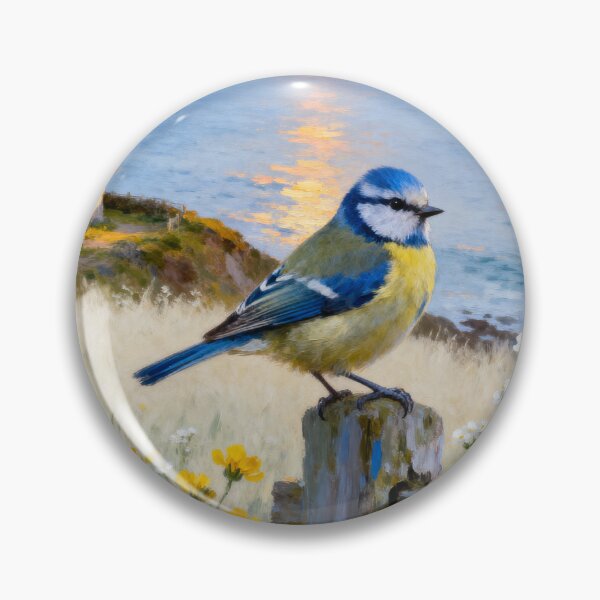 Item preview, Blue Tit Coastal Cottage - Summer Seaside Bird Painting designed and sold by QuietCanvasArtworks.