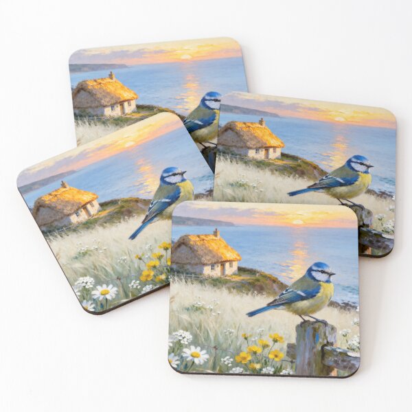 Item preview, Blue Tit Coastal Cottage - Summer Seaside Bird Painting designed and sold by QuietCanvasArtworks.