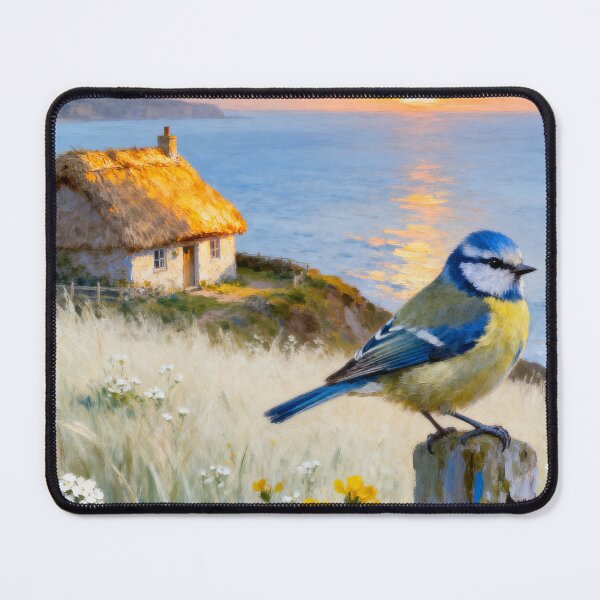 Item preview, Blue Tit Coastal Cottage - Summer Seaside Bird Painting designed and sold by QuietCanvasArtworks.