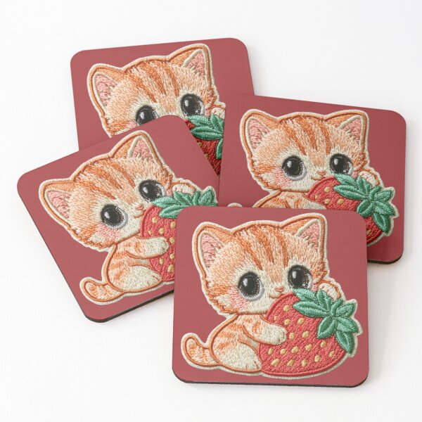 Item preview, Cute Kitten With Strawberry Embroidery Patch designed and sold by MegaNovaArt.