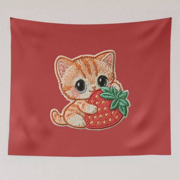 Item preview, Cute Kitten With Strawberry Embroidery Patch designed and sold by MegaNovaArt.
