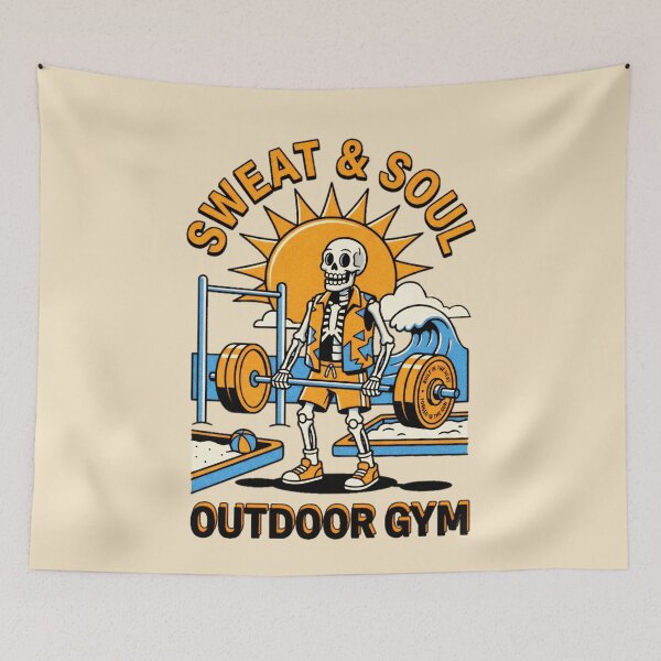 Item preview, Sweat And Soul Outdoor Gym Skeleton Deadlift Beach Graphic — Retro Summer Fitness Streetwear designed and sold by SkTee2k.