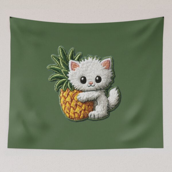 Item preview, Cute White Kitten With Pineapple Embroidery Patch designed and sold by MegaNovaArt.
