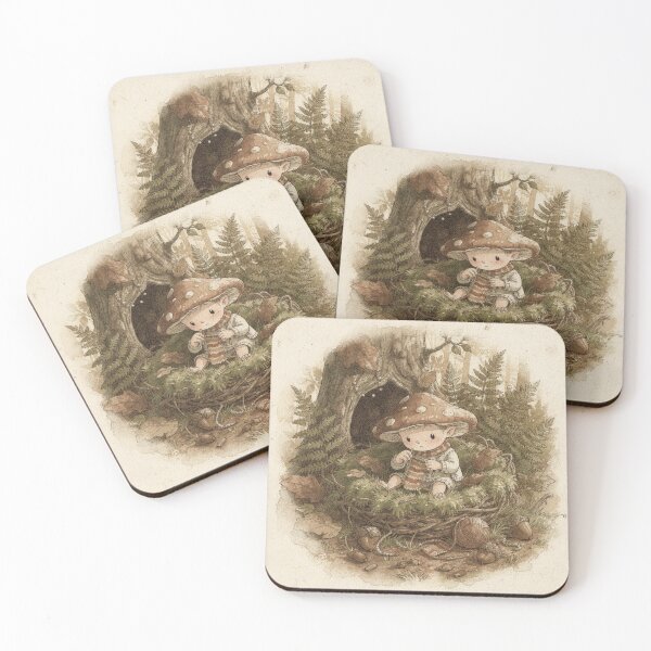 Item preview, Mushroom Sprite Knitting in a Nest Storybook Art designed and sold by PictorialWhimsy.