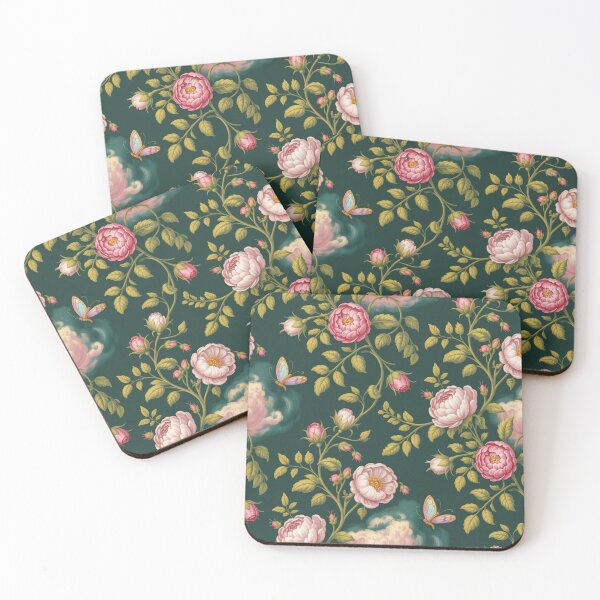 Item preview, Romantic Pink Peony Floral Pattern | Dark Green Butterfly Seamless Repeat designed and sold by Midnight Veil Designs.