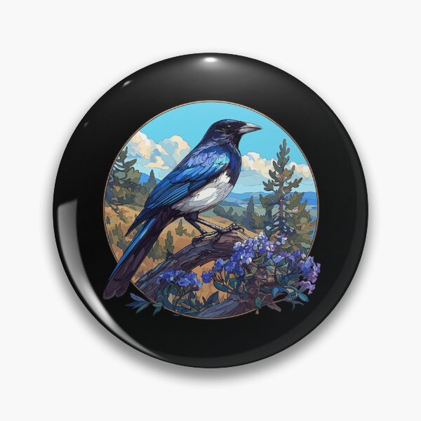 Item preview, Vibrant Blue Magpie Bird Perched on Tree Branch with Purple Flowers designed and sold by YubitaLeLe.