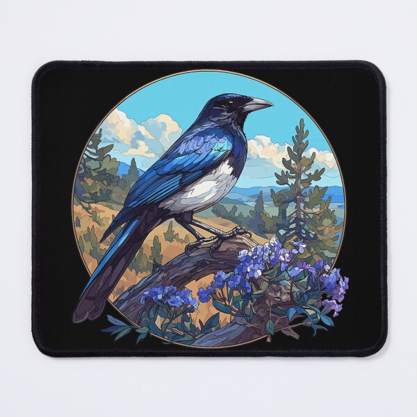 Item preview, Vibrant Blue Magpie Bird Perched on Tree Branch with Purple Flowers designed and sold by YubitaLeLe.