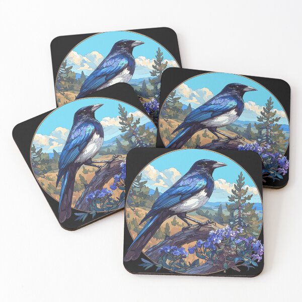 Item preview, Vibrant Blue Magpie Bird Perched on Tree Branch with Purple Flowers designed and sold by YubitaLeLe.