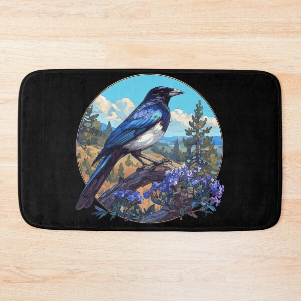 Item preview, Vibrant Blue Magpie Bird Perched on Tree Branch with Purple Flowers designed and sold by YubitaLeLe.