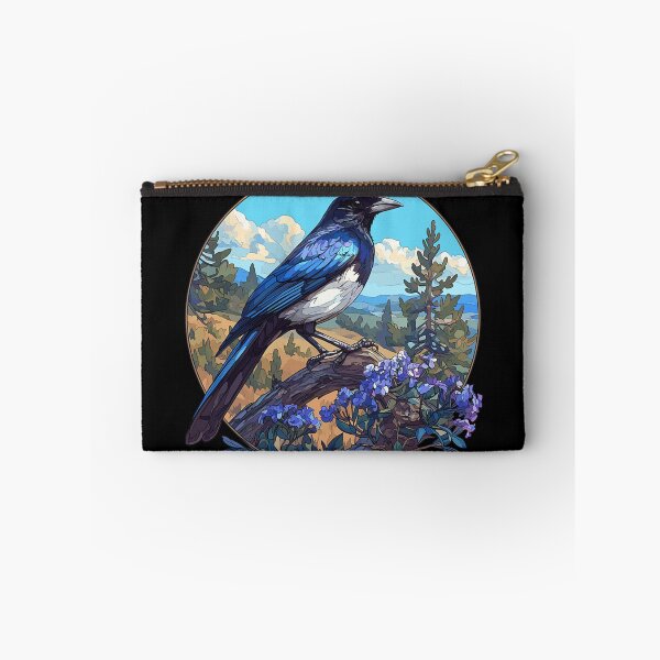 Item preview, Vibrant Blue Magpie Bird Perched on Tree Branch with Purple Flowers designed and sold by YubitaLeLe.