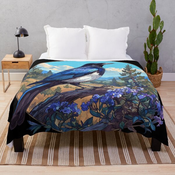 Item preview, Vibrant Blue Magpie Bird Perched on Tree Branch with Purple Flowers designed and sold by YubitaLeLe.