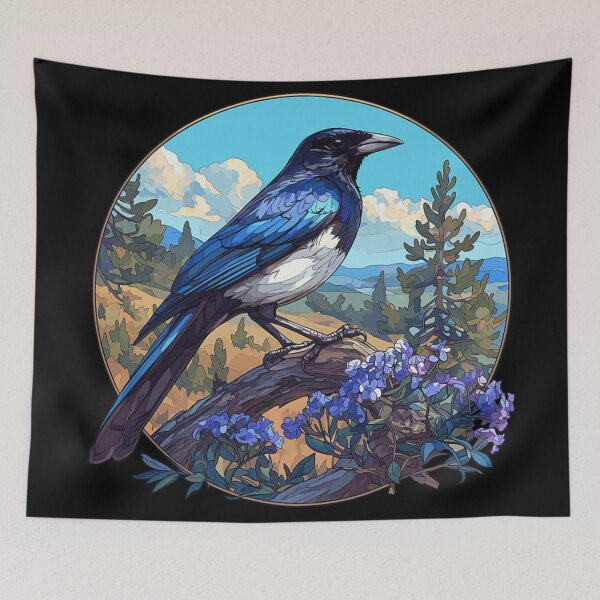 Item preview, Vibrant Blue Magpie Bird Perched on Tree Branch with Purple Flowers designed and sold by YubitaLeLe.