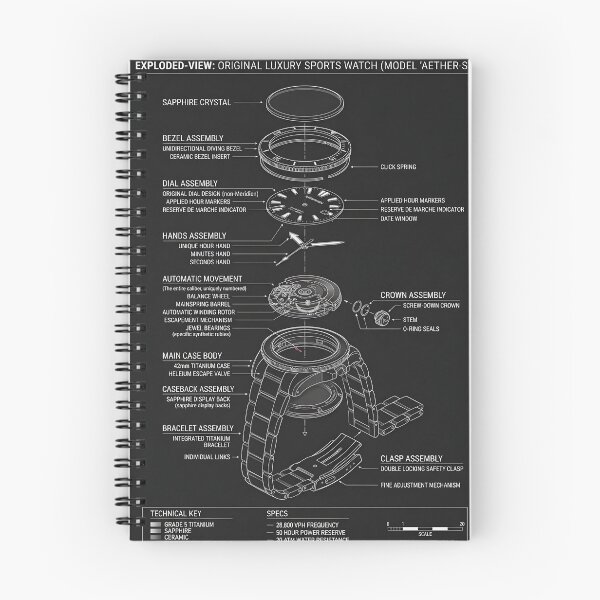 Item preview, Exploded‑View: Aether‑S Luxury Sports Watch Blueprint designed and sold by WhisperFrame.