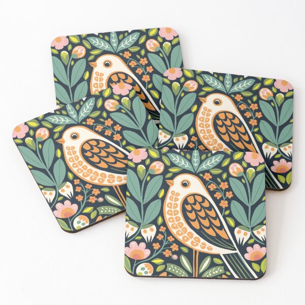 Item preview, Orange Folk Bird with Flowers | Botanical Bird Art designed and sold by Filora Atelier .