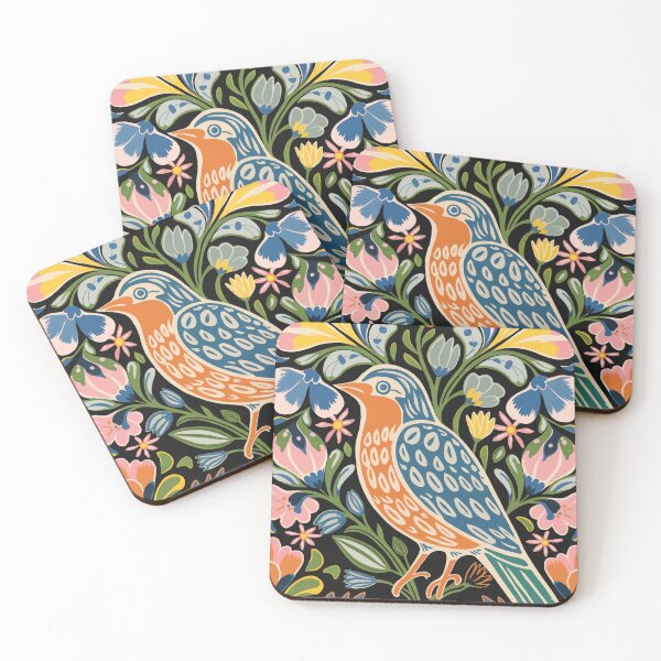 Item preview, Colorful Folk Bird with Flowers | Blue Orange Bird Art designed and sold by Filora Atelier | Bird Art.