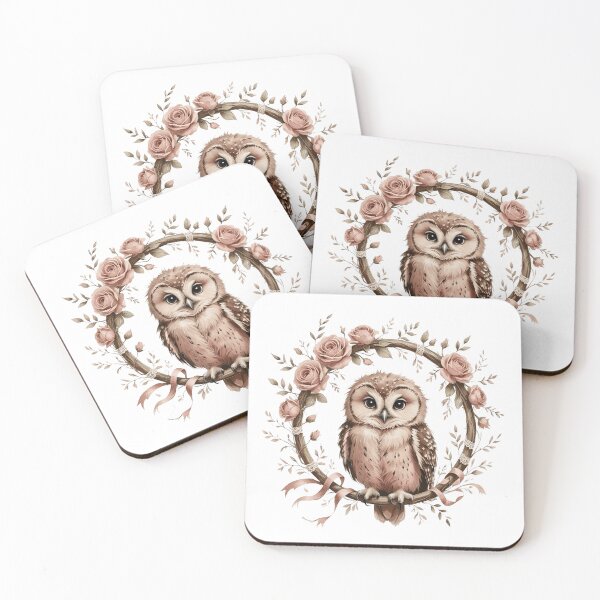 Item preview, Whimsical Watercolor Owl in Pink Rose Floral Wreat designed and sold by AQUILAKREO.