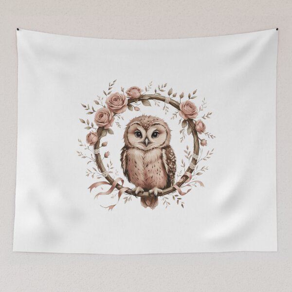 Item preview, Whimsical Watercolor Owl in Pink Rose Floral Wreat designed and sold by AQUILAKREO.