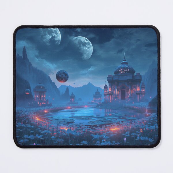 Item preview, Moonlit Zodiac Temple Landscape with Celestial Lake and Giant Moons designed and sold by Luminous Wilds.