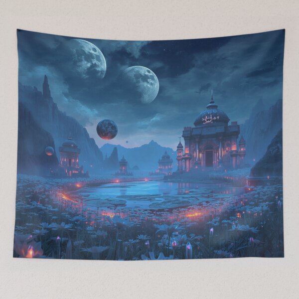 Item preview, Moonlit Zodiac Temple Landscape with Celestial Lake and Giant Moons designed and sold by Luminous Wilds.