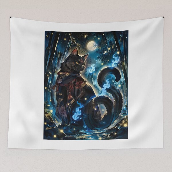 Item preview, Nekomata Yokai Cat Spirit in Moonlit Bamboo Forest – Japanese Folklore Ghost Cat Art designed and sold by kaxymax.