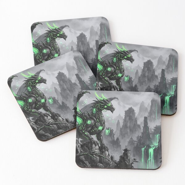 Item preview, Cyberpunk Japanese Sumie Green Dragon Mystical Temple Landscape designed and sold by Osmose-Studio.