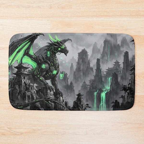 Item preview, Cyberpunk Japanese Sumie Green Dragon Mystical Temple Landscape designed and sold by Osmose-Studio.