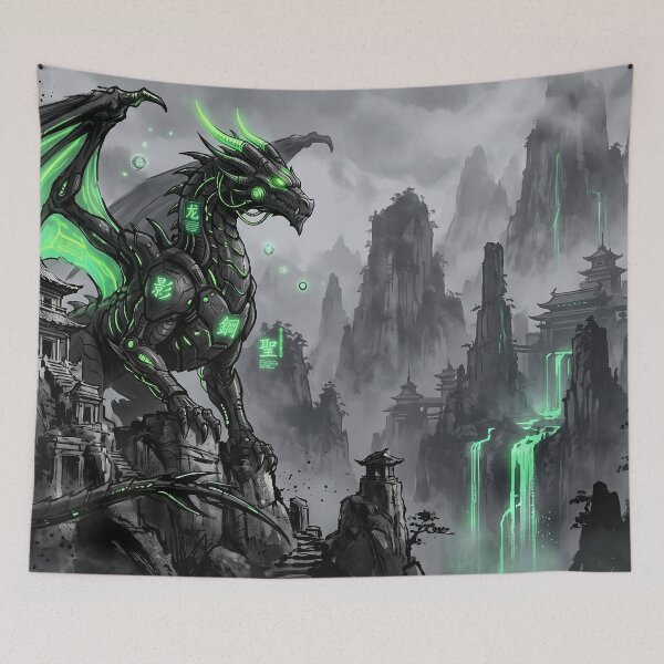 Item preview, Cyberpunk Japanese Sumie Green Dragon Mystical Temple Landscape designed and sold by Osmose-Studio.