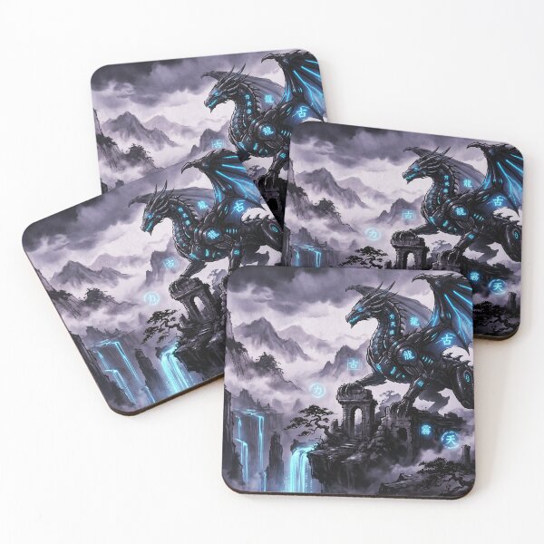 Item preview, Cyberpunk Japanese Sumie Cyan Dragon Ancient Ruins designed and sold by Osmose-Studio.
