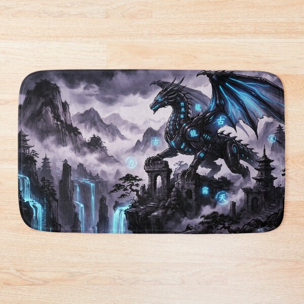 Item preview, Cyberpunk Japanese Sumie Cyan Dragon Ancient Ruins designed and sold by Osmose-Studio.