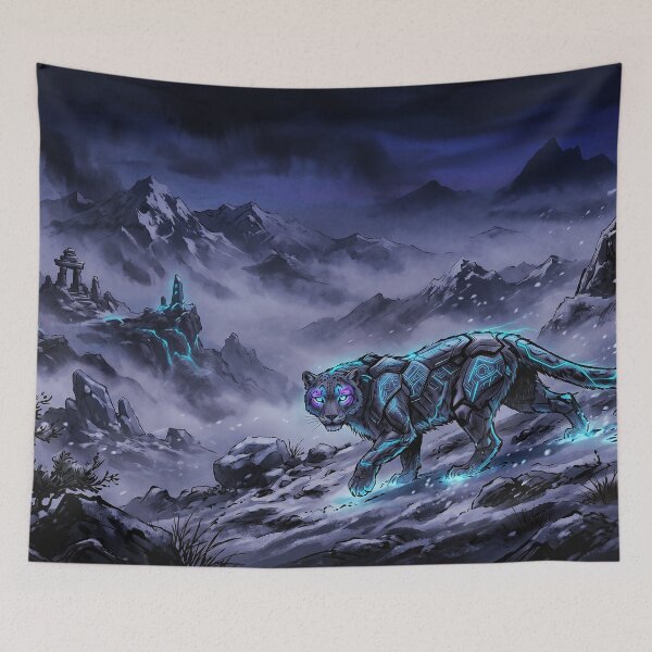 Item preview, Cyberpunk Japanese Sumie Cyan Snow Leopard Mountains designed and sold by Osmose-Studio.